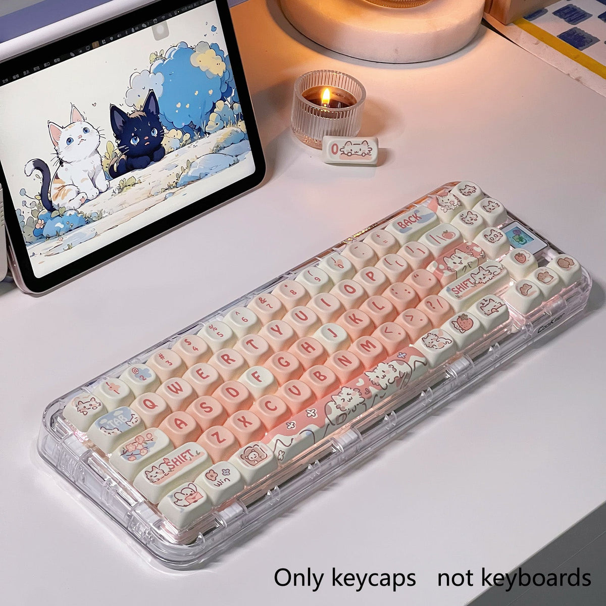 Strawberry Cat MOA keycaps installed on a clear mechanical keyboard