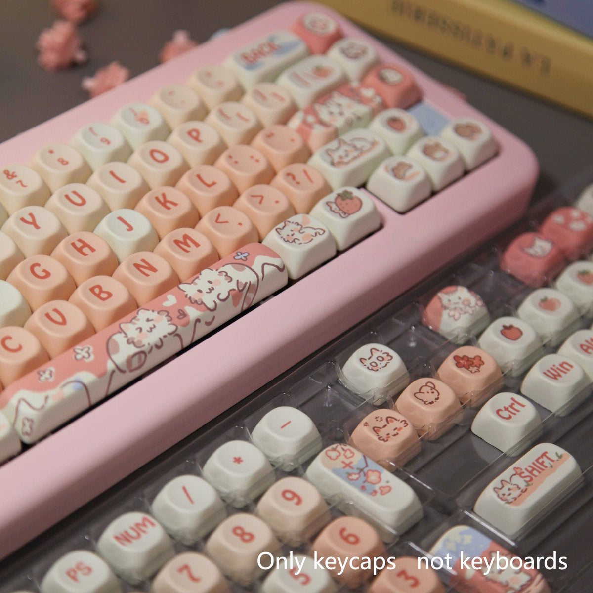 Close-up of Strawberry Cat MOA keycaps on a pink mechanical keyboard